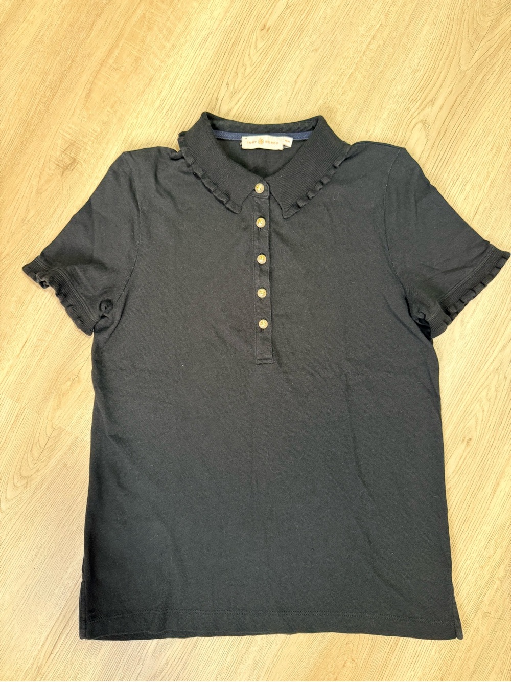 Tory Burch Emily Ruffle Polo Shirt Size Medium Black